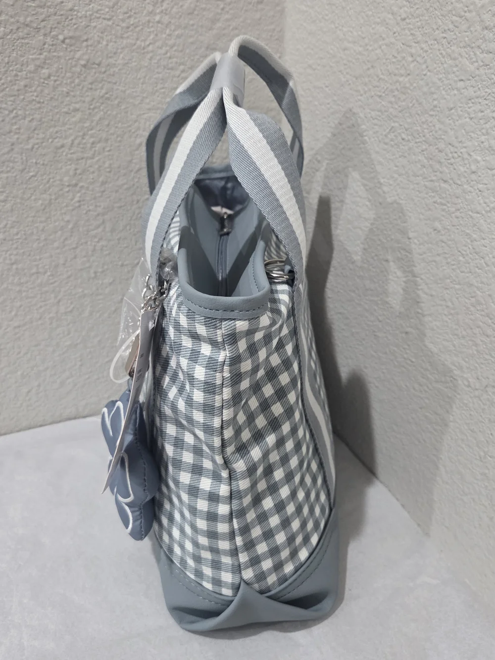 Betsey Johnson Light Blue Gingham Tote with Flower Charm